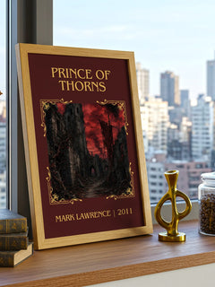 Prince of Thorns Classic Book Art Print by Mark Lawrence – framed print on a city-view windowsill