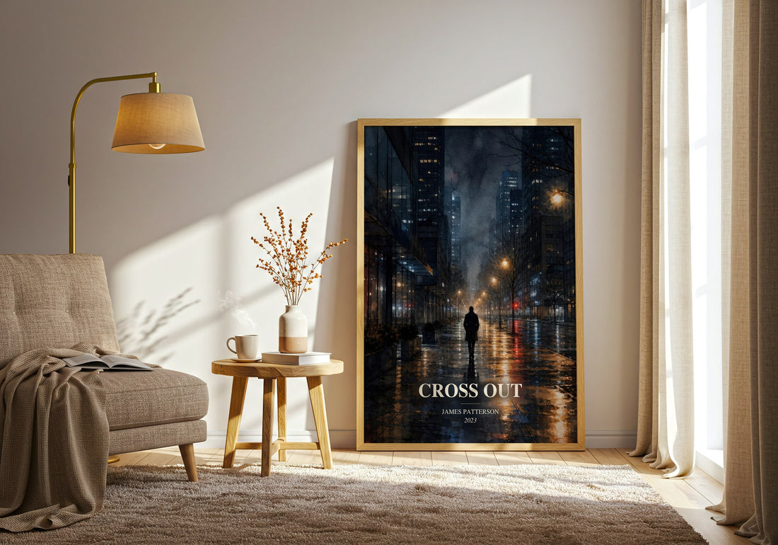 Cross Out watercolour print in frame leaning in hallway – thriller wall art (mockup)