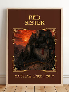 Red Sister Classic Book Art Print by Mark Lawrence – framed print leaning on a wooden floor