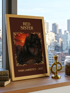 Red Sister Classic Book Art Print by Mark Lawrence – framed print on a city-view windowsill