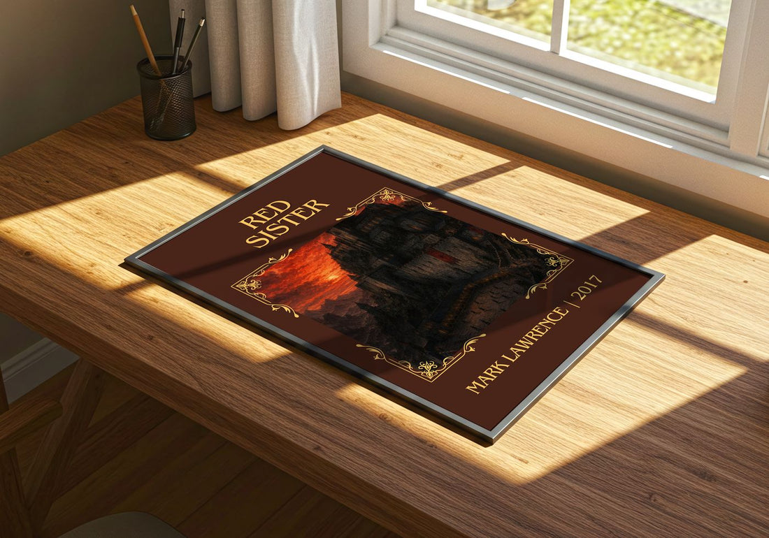 Red Sister Classic Book Art Print by Mark Lawrence – print on a sunlit desk
