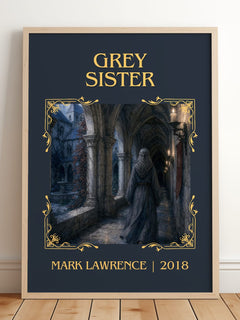 Grey Sister Classic Book Art Print by Mark Lawrence – framed print leaning on a wooden floor