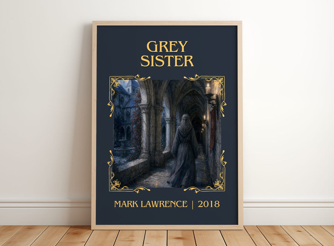 Grey Sister Classic Book Art Print by Mark Lawrence – framed print leaning on a wooden floor