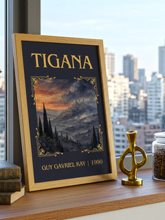 Tigana Classic Book Art Print by Guy Gavriel Kay – framed print on a city-view windowsill