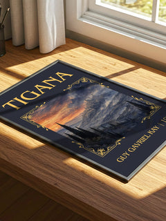 Tigana Classic Book Art Print by Guy Gavriel Kay – print on a sunlit desk