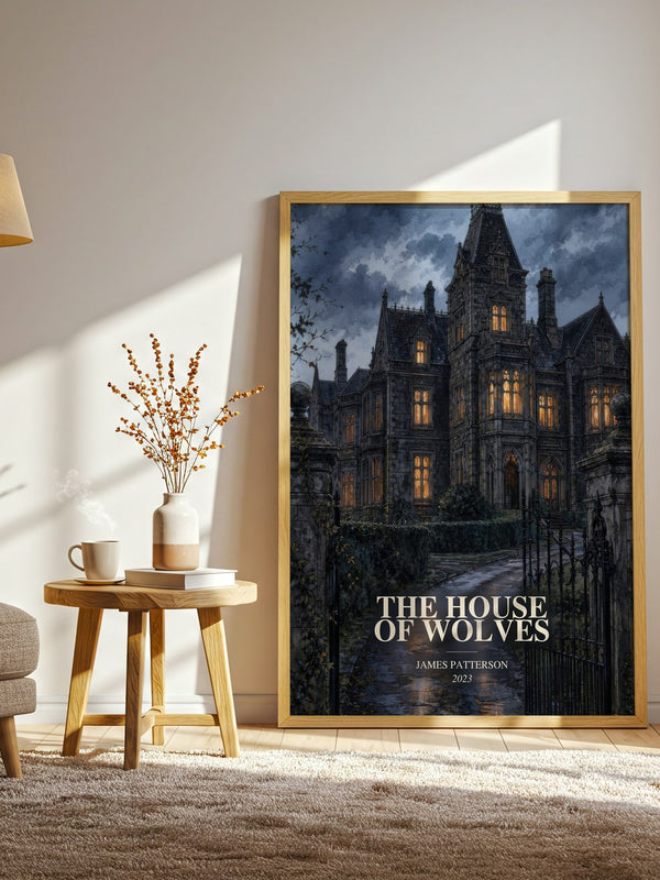 The House Of Wolves watercolour print in frame leaning in hallway – thriller wall art