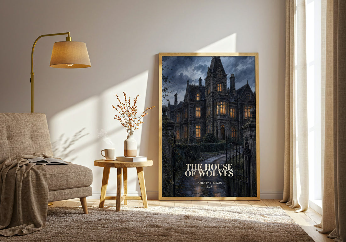 The House Of Wolves watercolour print in frame leaning in hallway – thriller wall art (mockup)