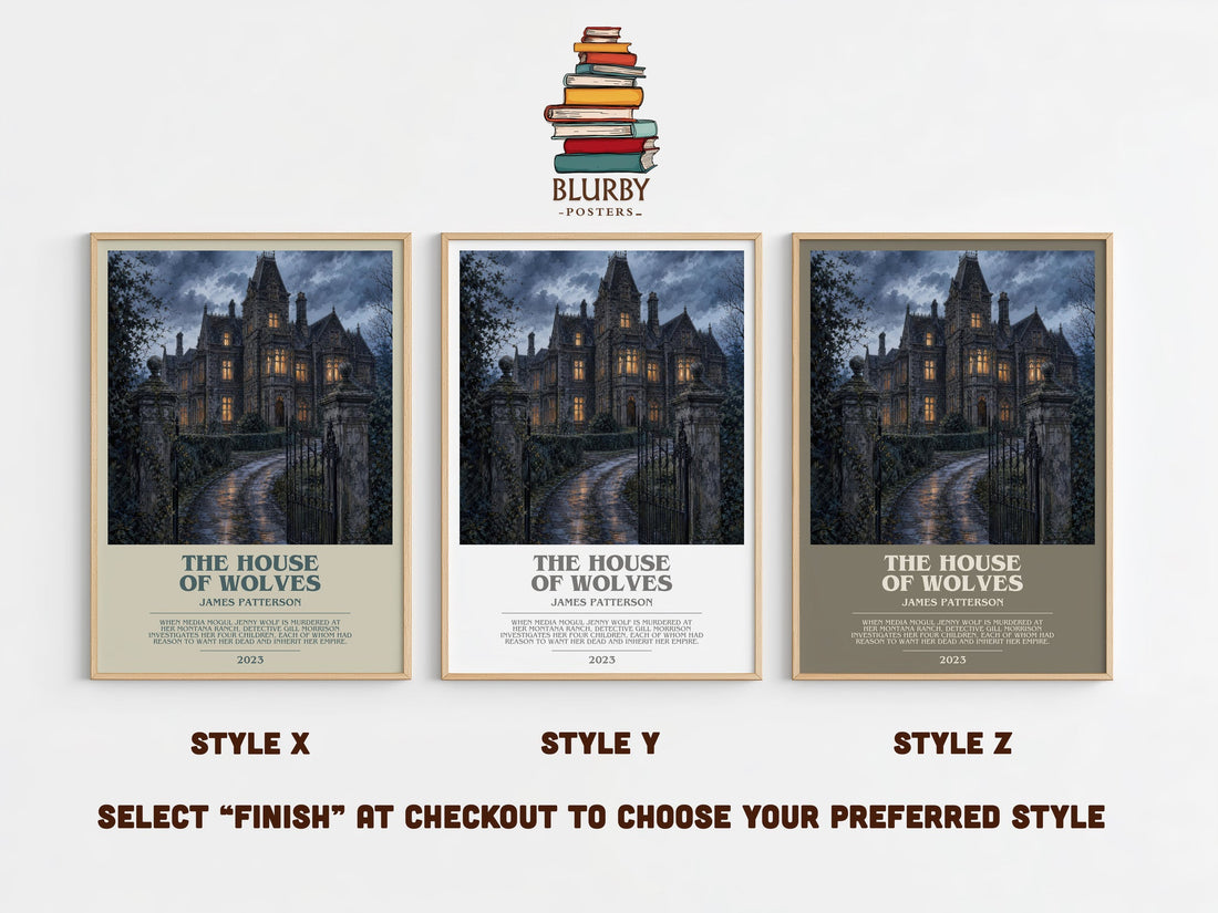 The House Of Wolves bookish print in frame leaning in hallway – thriller wall art (mockup)