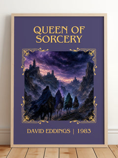 Queen of Sorcery Classic Book Art Print by David Eddings – framed print leaning on a wooden floor