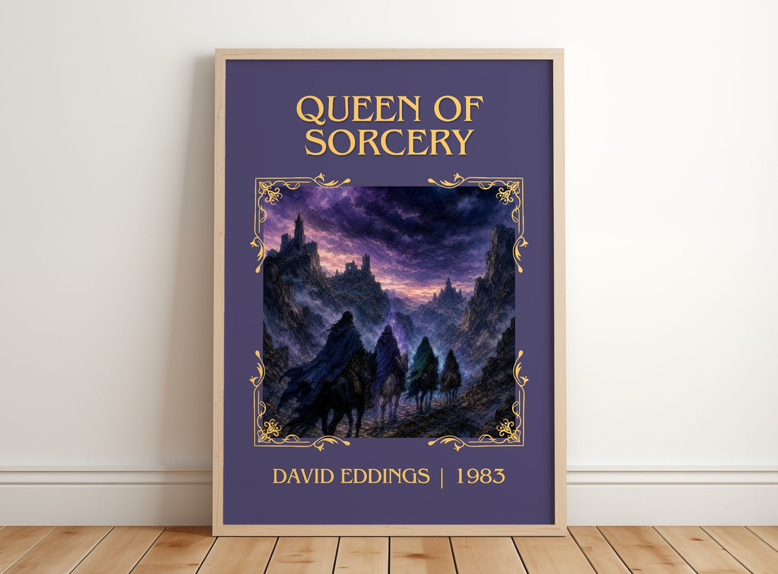 Queen of Sorcery Classic Book Art Print by David Eddings – framed print leaning on a wooden floor