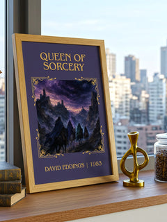 Queen of Sorcery Classic Book Art Print by David Eddings – framed print on a city-view windowsill