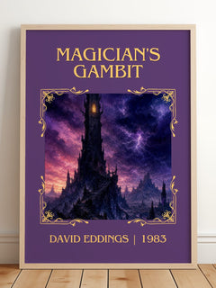 Magician's Gambit Classic Book Art Print by David Eddings – framed print leaning on a wooden floor