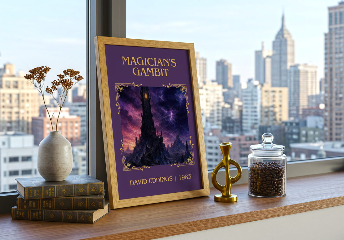 Magician's Gambit Classic Book Art Print by David Eddings – framed print on a city-view windowsill