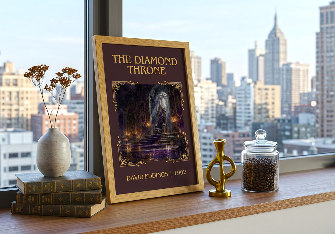 The Diamond Throne Classic Book Art Print by David Eddings – framed print on a city-view windowsill