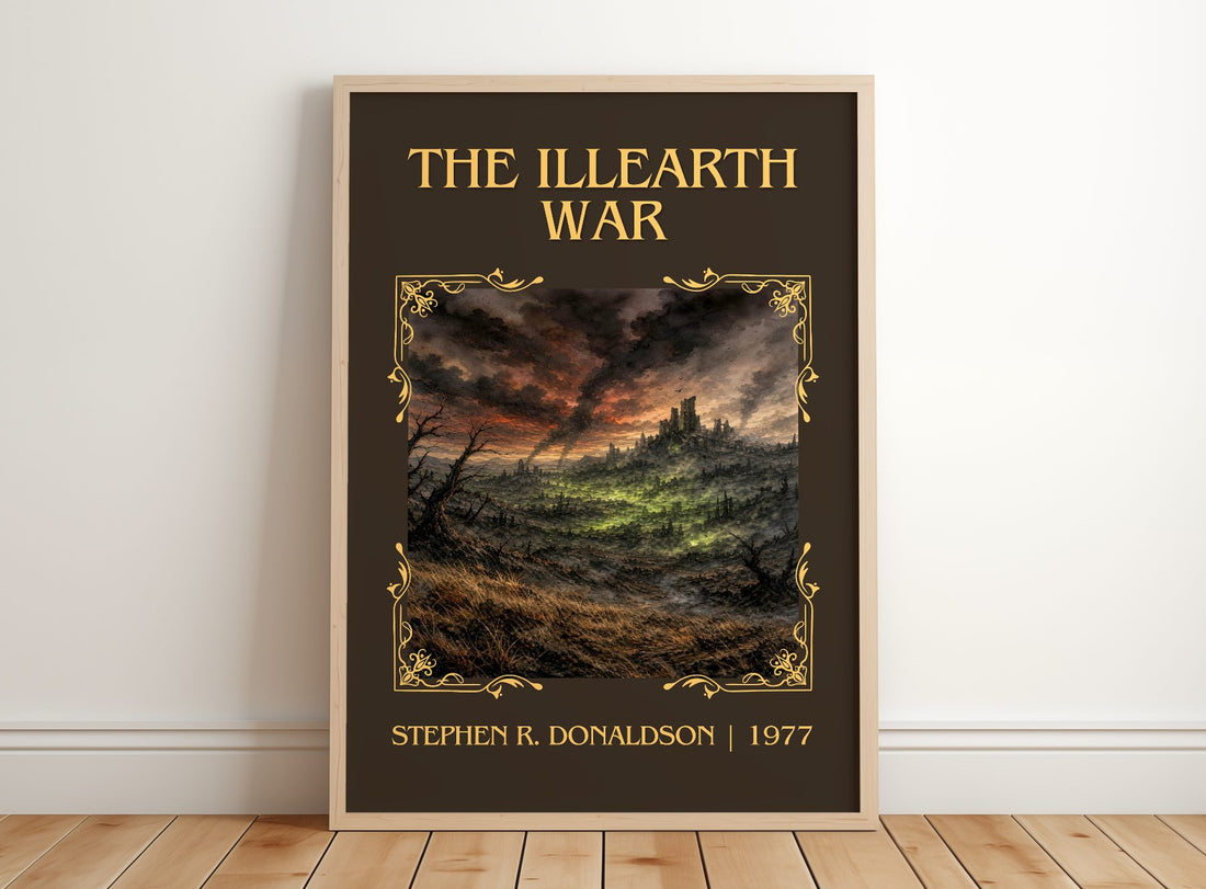 The Illearth War Classic Book Art Print by Stephen R. Donaldson – framed print leaning on a wooden floor
