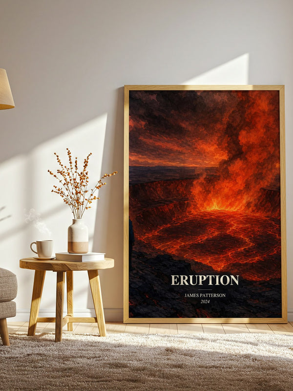 Eruption watercolour print in frame leaning in hallway – thriller wall art