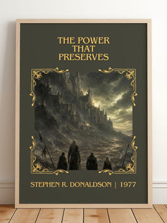 Power That Preserves Classic Book Art Print by Stephen R. Donaldson – framed print leaning on a wooden floor