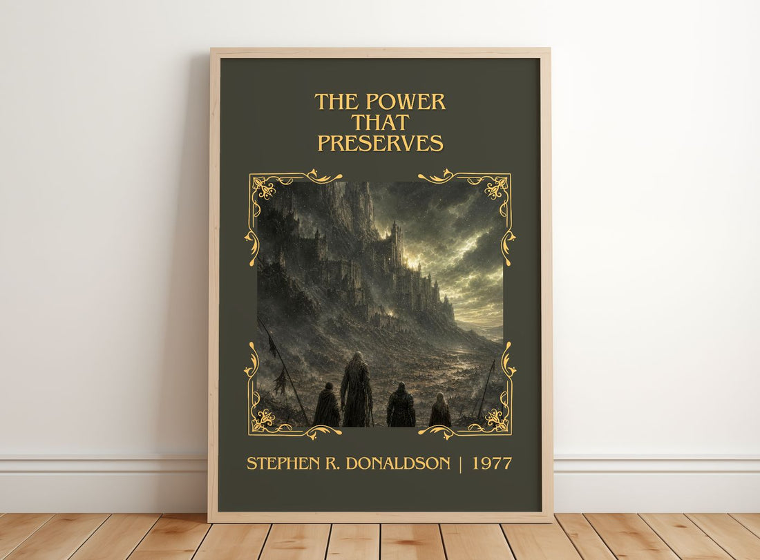 Power That Preserves Classic Book Art Print by Stephen R. Donaldson – framed print leaning on a wooden floor
