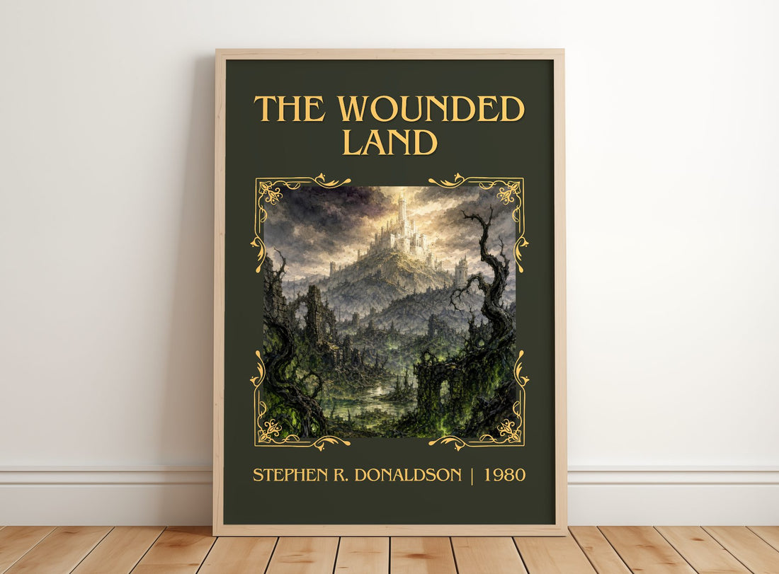 The Wounded Land Classic Book Art Print by Stephen R. Donaldson – framed print leaning on a wooden floor