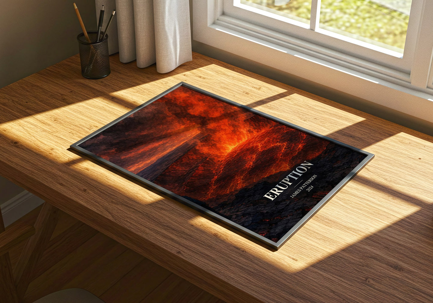 Eruption watercolour book poster framed on wall – thriller wall art