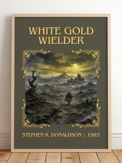 White Gold Wielder Classic Book Art Print by Stephen R. Donaldson – framed print leaning on a wooden floor