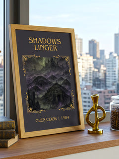 Shadows Linger Classic Book Art Print by Glen Cook – framed print on a city-view windowsill