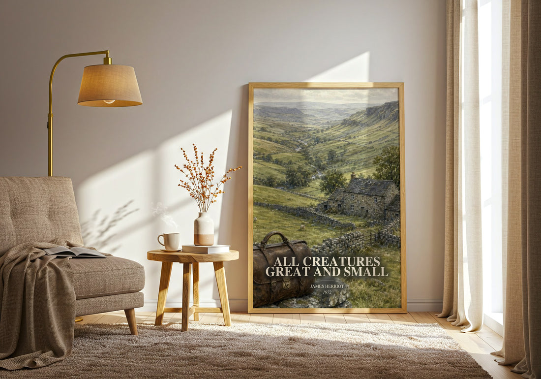 All Creatures Great And Small watercolour print in frame leaning in hallway – memoir wall art (mockup)