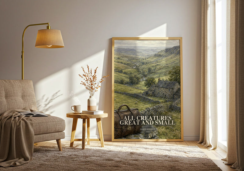 All Creatures Great And Small watercolour print in frame leaning in hallway – memoir wall art