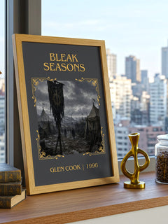 Bleak Seasons Classic Book Art Print by Glen Cook – framed print on a city-view windowsill