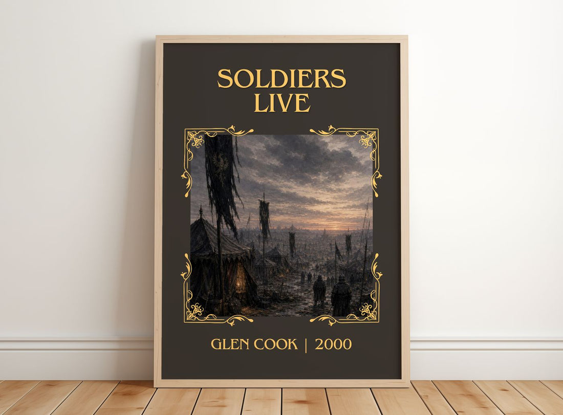 Soldiers Live Classic Book Art Print by Glen Cook – framed print leaning on a wooden floor