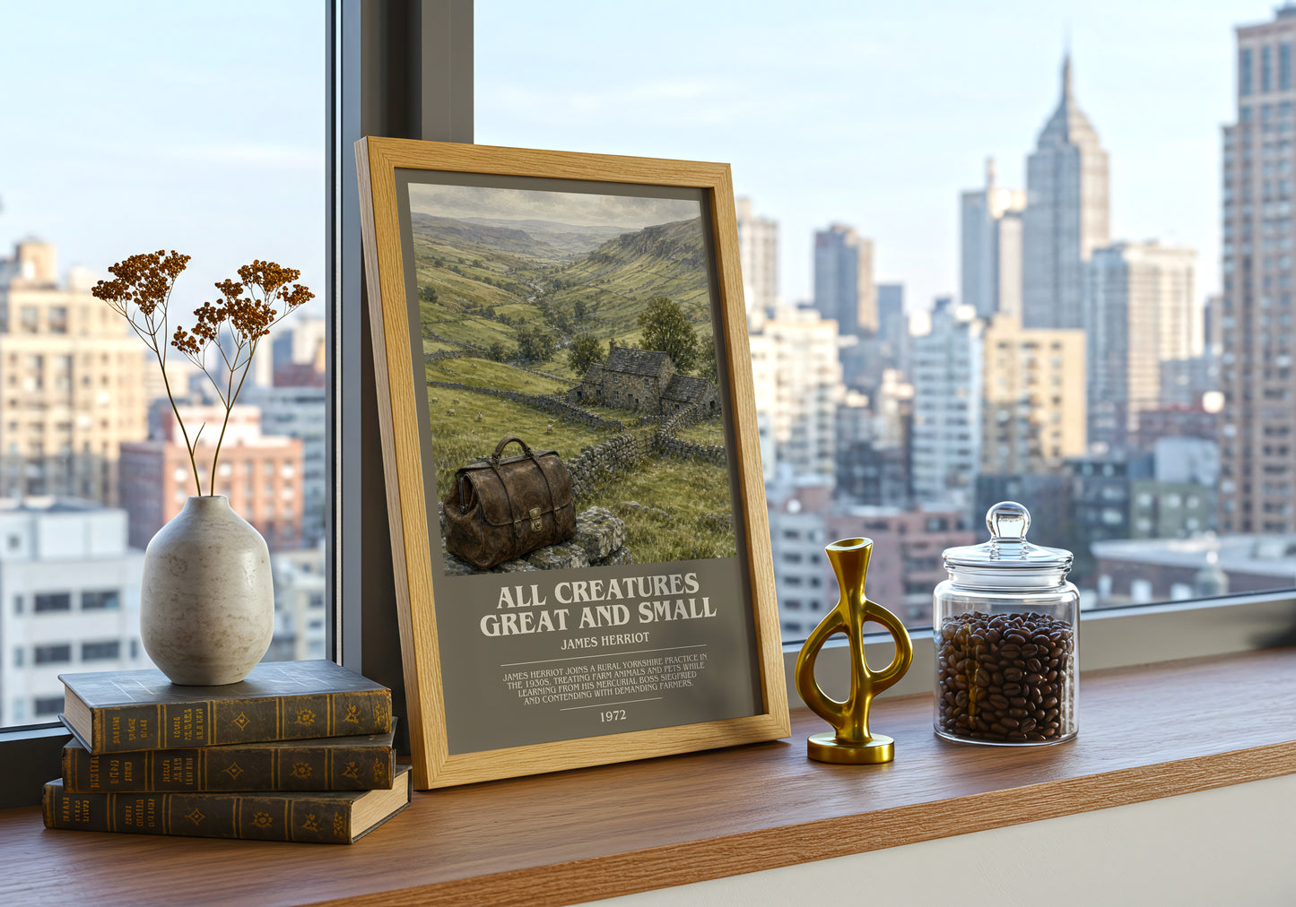 All Creatures Great And Small bookish print framed by window – literary home decor