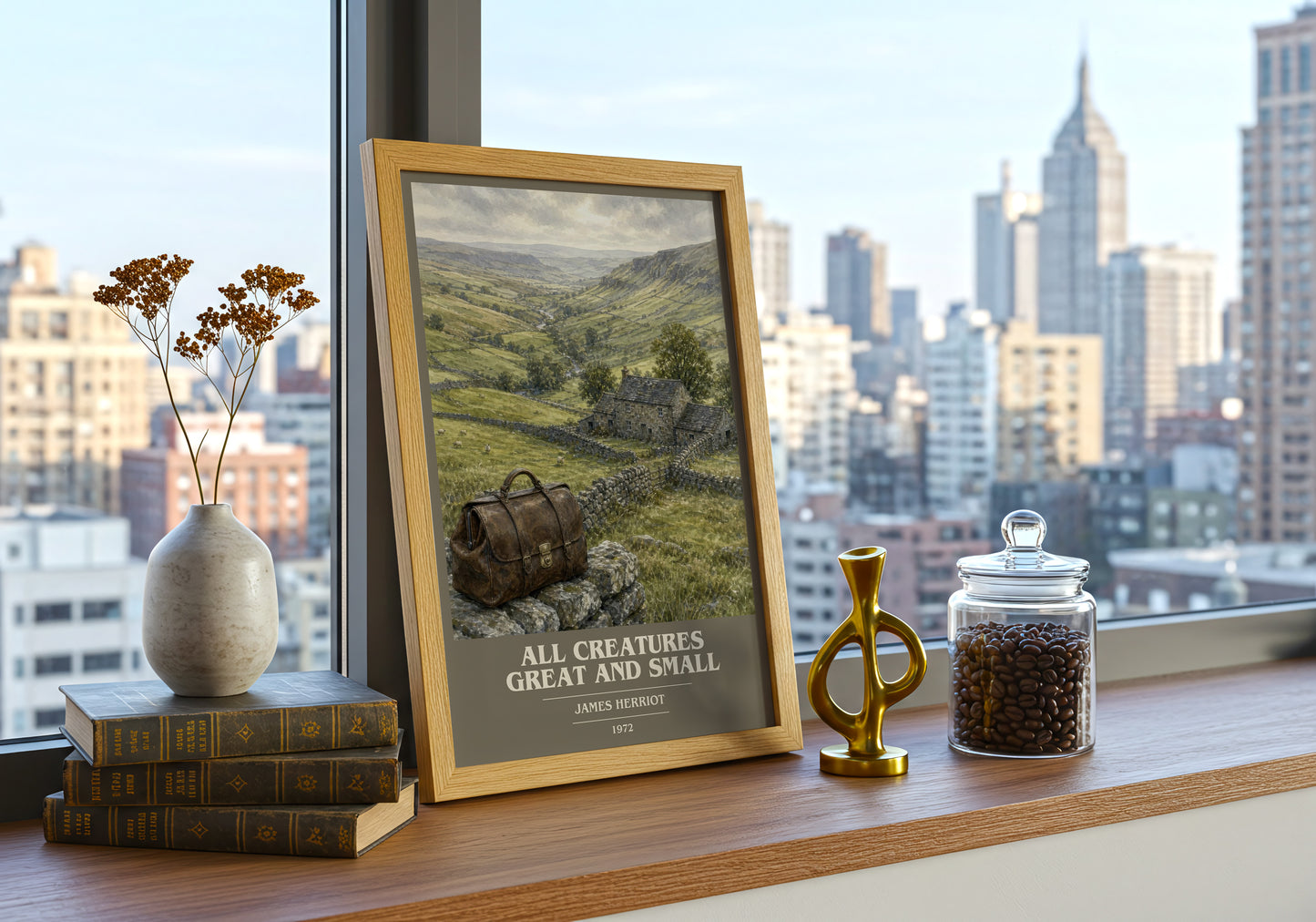 All Creatures Great And Small book cover print framed by window – literary home decor