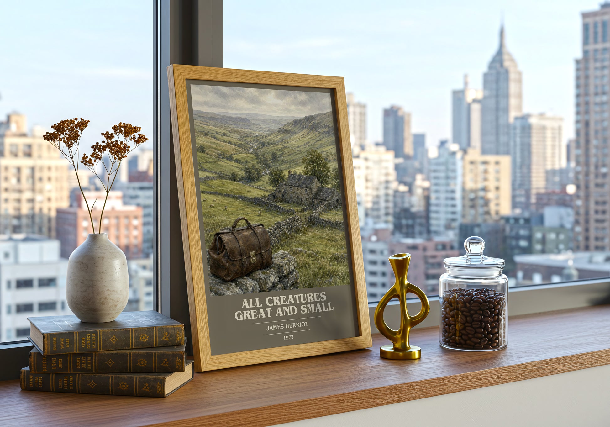 All Creatures Great And Small book cover print framed by window – literary home decor