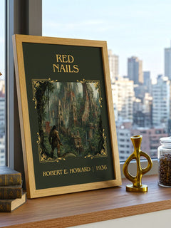 Red Nails Classic Book Art Print by Robert E. Howard – framed print on a city-view windowsill