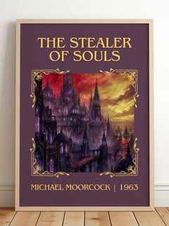 The Stealer of Souls Classic Book Art Print by Michael Moorcock – framed print leaning on a wooden floor