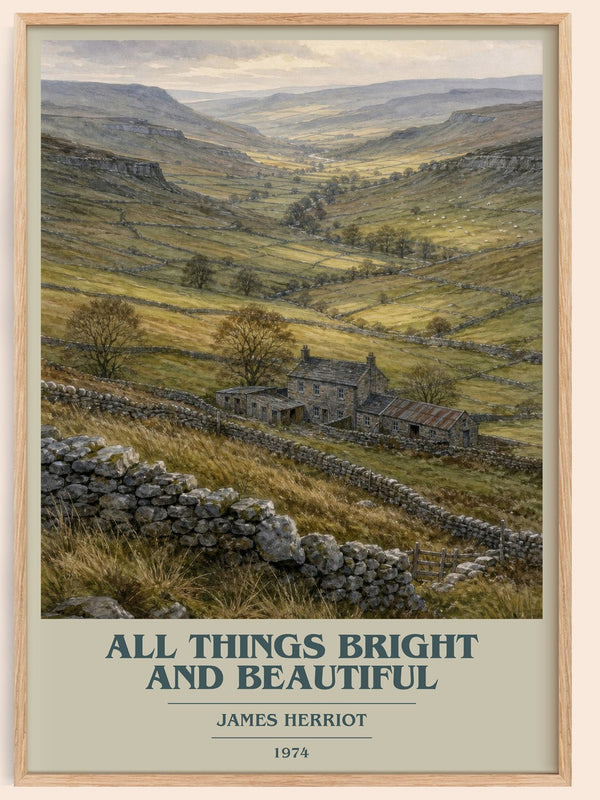All Things Bright And Beautiful book cover book poster by James Herriot – framed literary art print