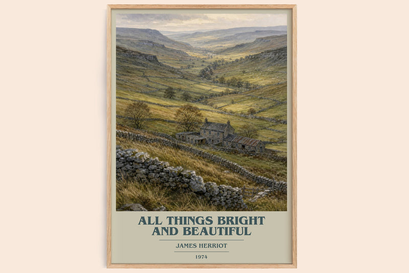 All Things Bright And Beautiful book cover book poster by James Herriot – framed literary art print