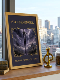 Stormbringer Classic Book Art Print by Michael Moorcock – framed print on a city-view windowsill