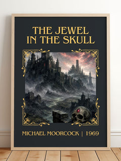 The Jewel in the Skull Classic Book Art Print by Michael Moorcock – framed print leaning on a wooden floor