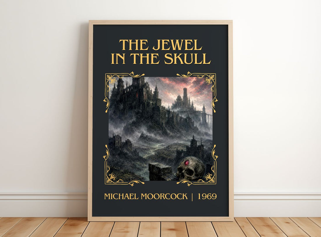 The Jewel in the Skull Classic Book Art Print by Michael Moorcock – framed print leaning on a wooden floor