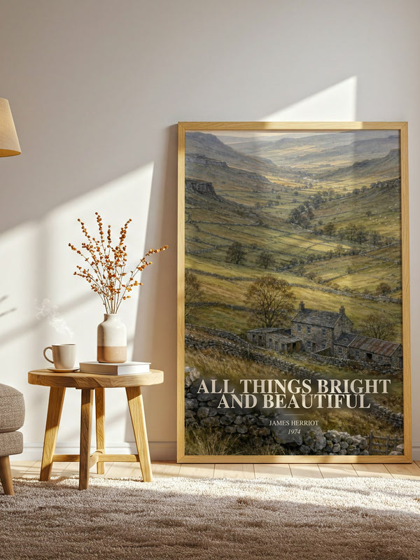 All Things Bright And Beautiful watercolour print in frame leaning in hallway – memoir wall art