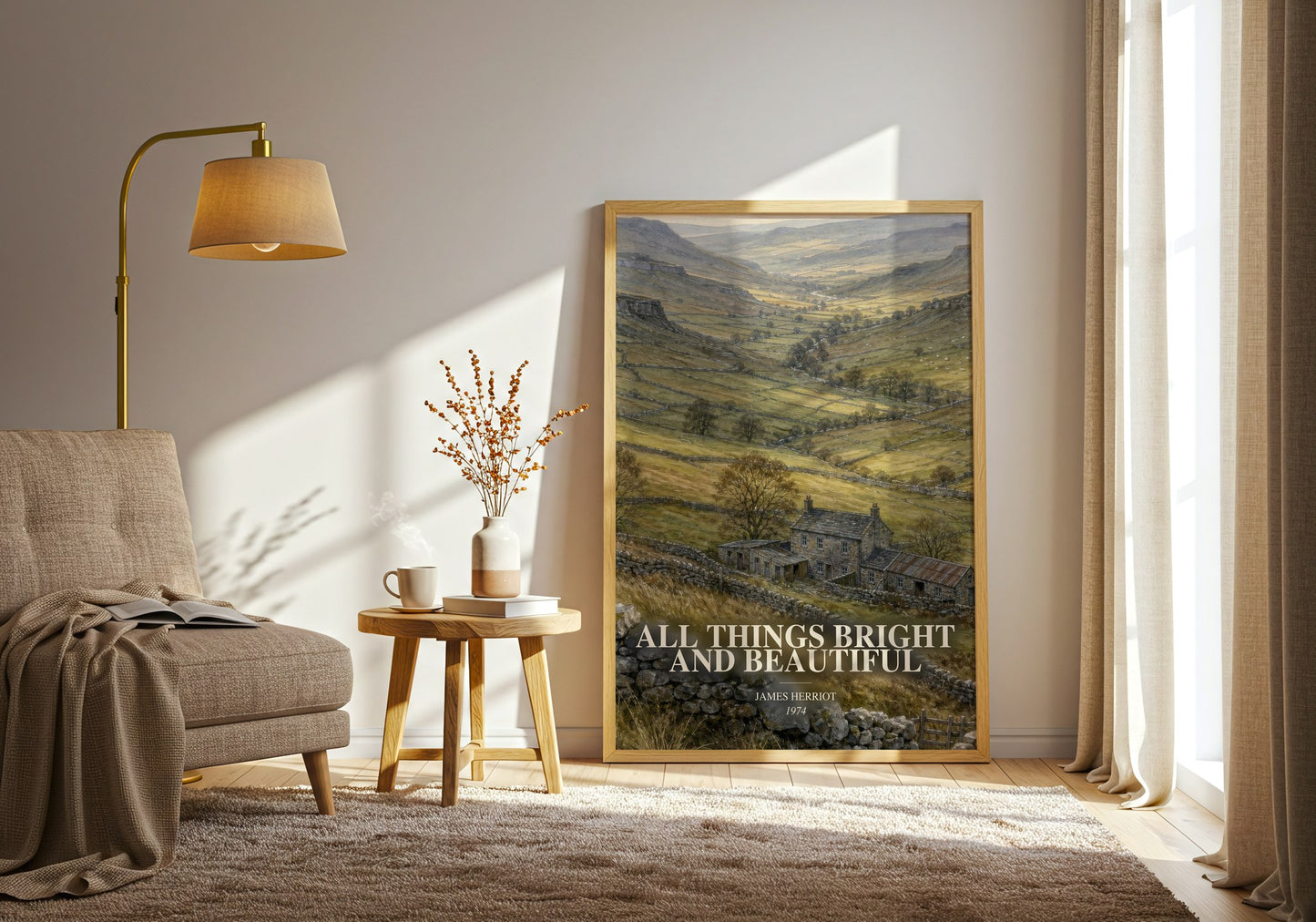 All Things Bright And Beautiful watercolour print in frame leaning in hallway – memoir wall art