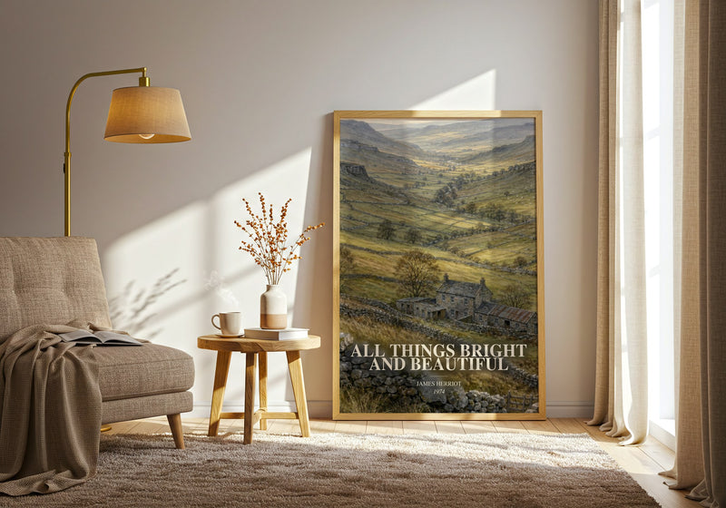 All Things Bright And Beautiful watercolour print in frame leaning in hallway – memoir wall art