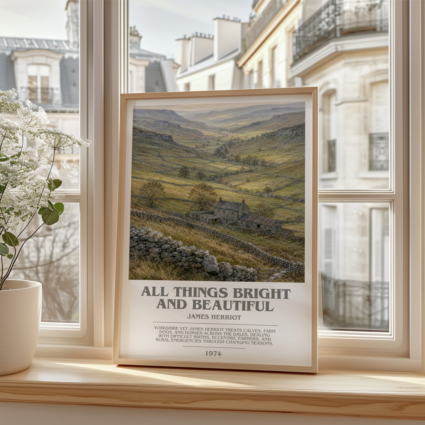 All Things Bright And Beautiful bookish poster colour and style options – James Herriot book art