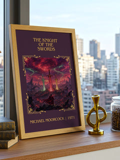 The Knight of the Swords Classic Book Art Print by Michael Moorcock – framed print on a city-view windowsill