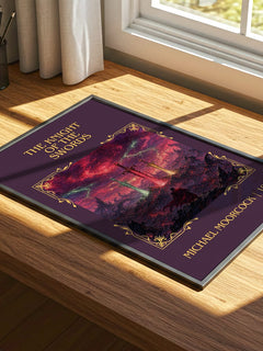 The Knight of the Swords Classic Book Art Print by Michael Moorcock – print on a sunlit desk
