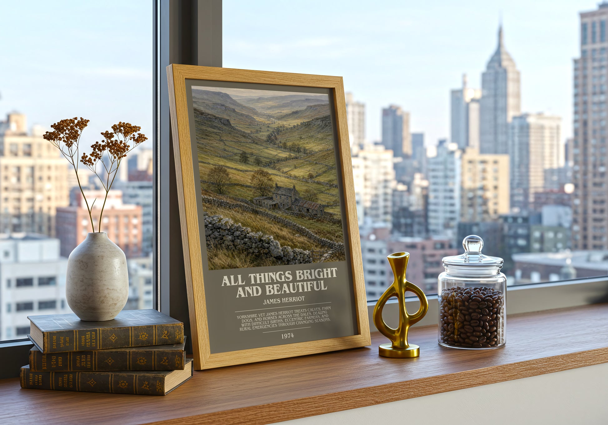 All Things Bright And Beautiful bookish print framed by window – literary home decor