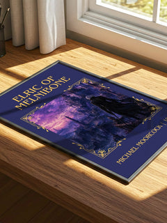 Elric of Melniboné Classic Book Art Print by Michael Moorcock – print on a sunlit desk