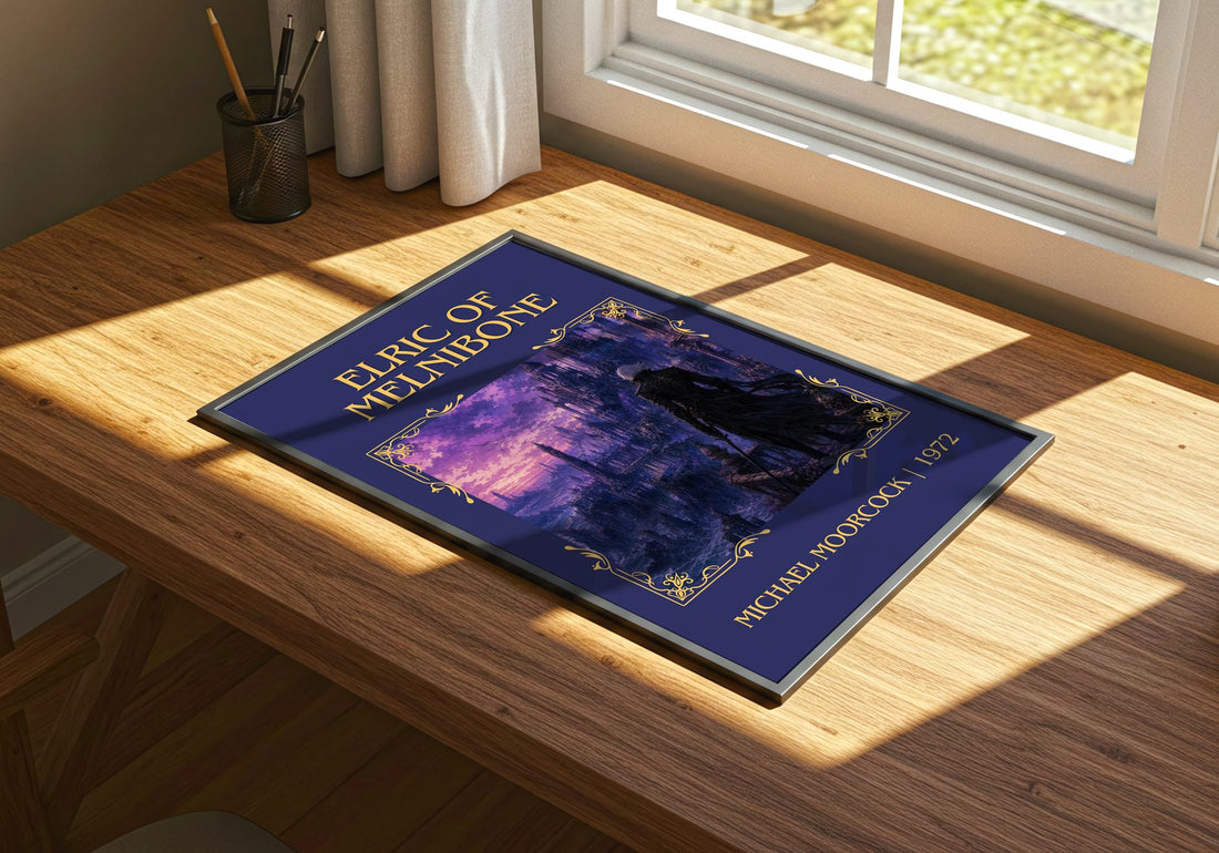 Elric of Melniboné Classic Book Art Print by Michael Moorcock – print on a sunlit desk