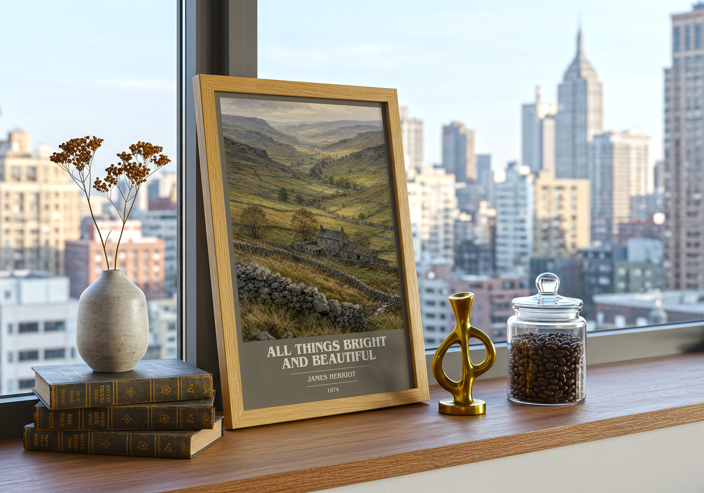 All Things Bright And Beautiful book cover print framed by window – literary home decor
